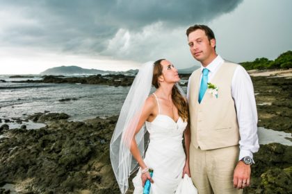 Bride and groom on beach in Costa Rica.