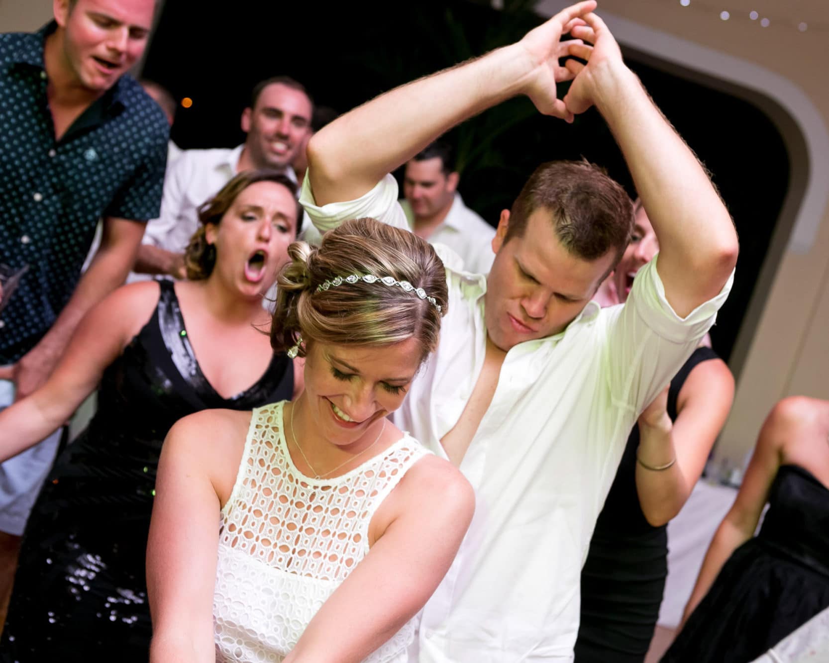 Bride and groom dance during wedding reception