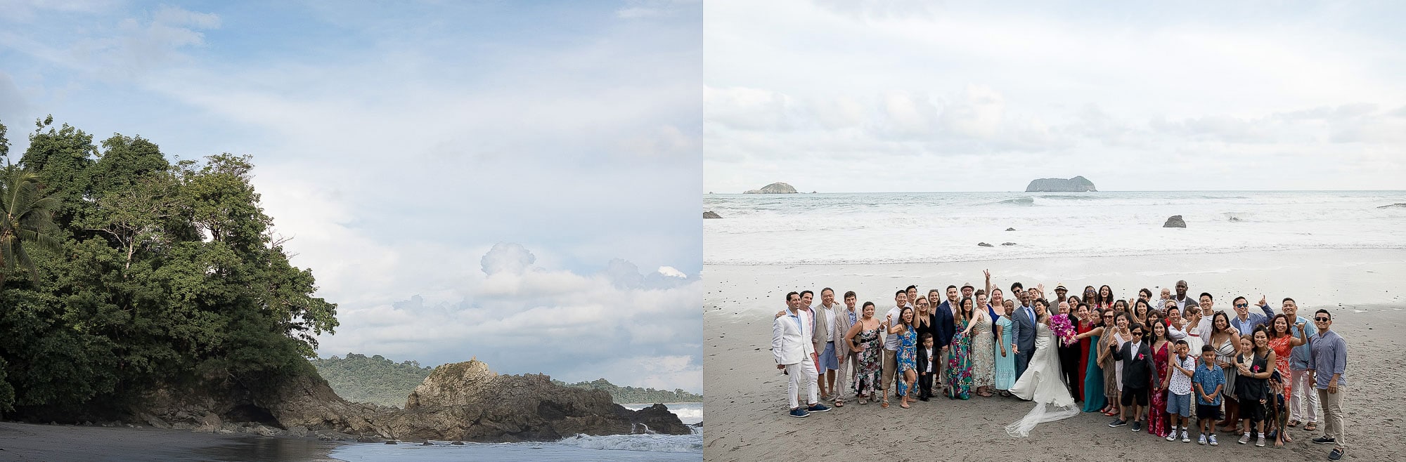 A shot of the whole wedding group in their epic location at Arenas del Mar