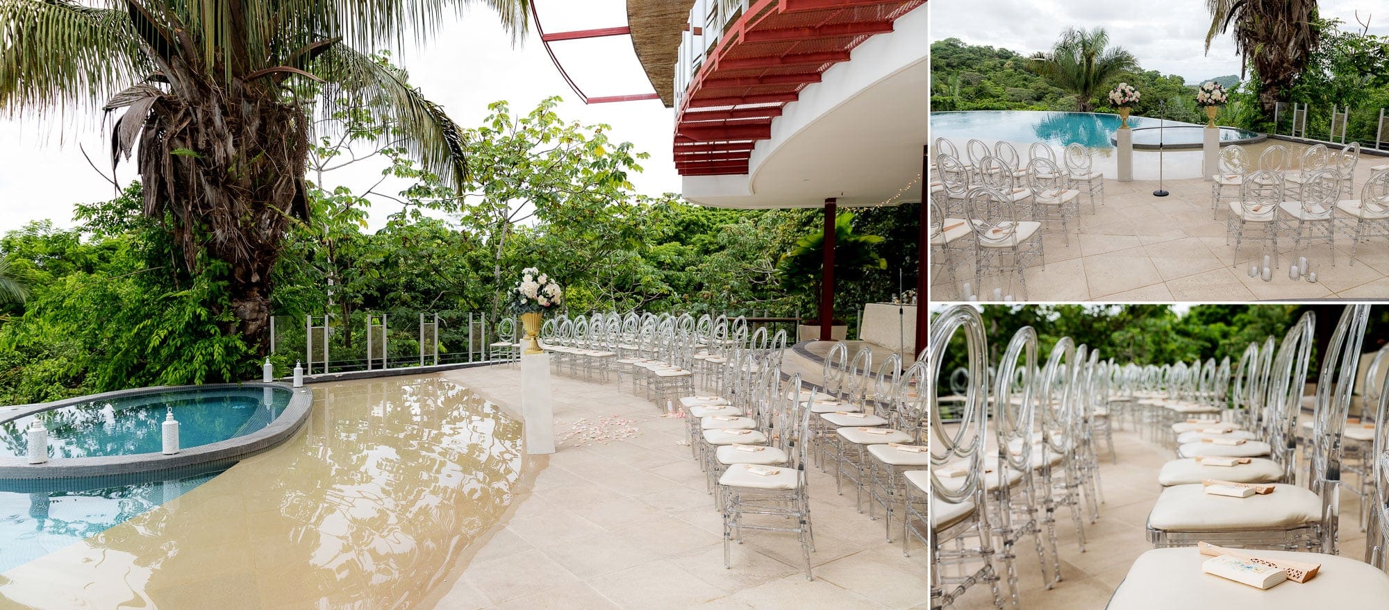 Wedding venue ideas: clear seating in front a pool with a breathtaking view