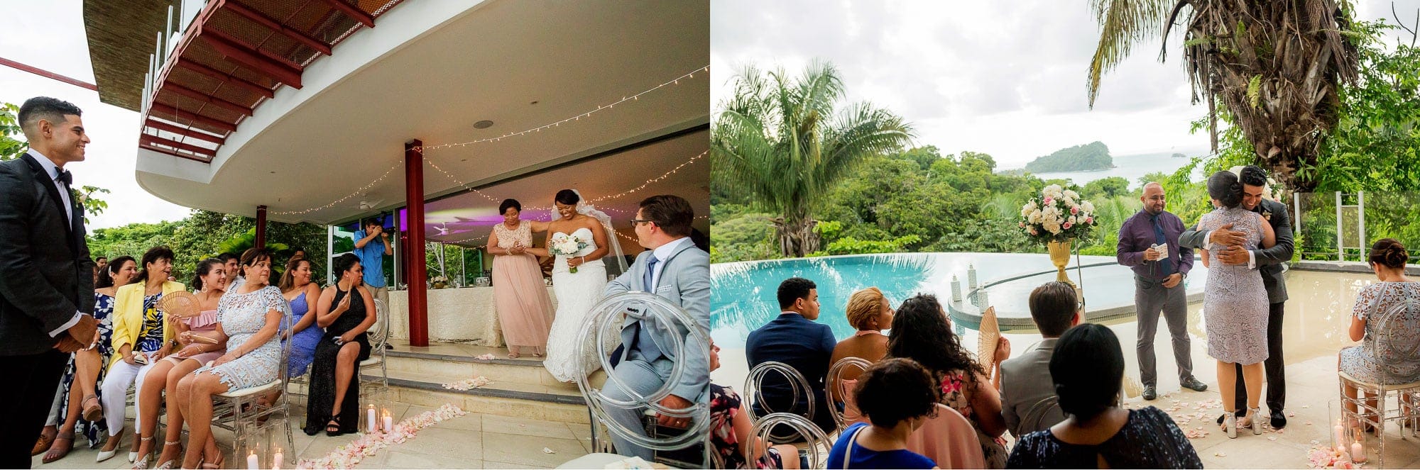 Wedding venue ideas: clear seating in front a pool with a breathtaking view