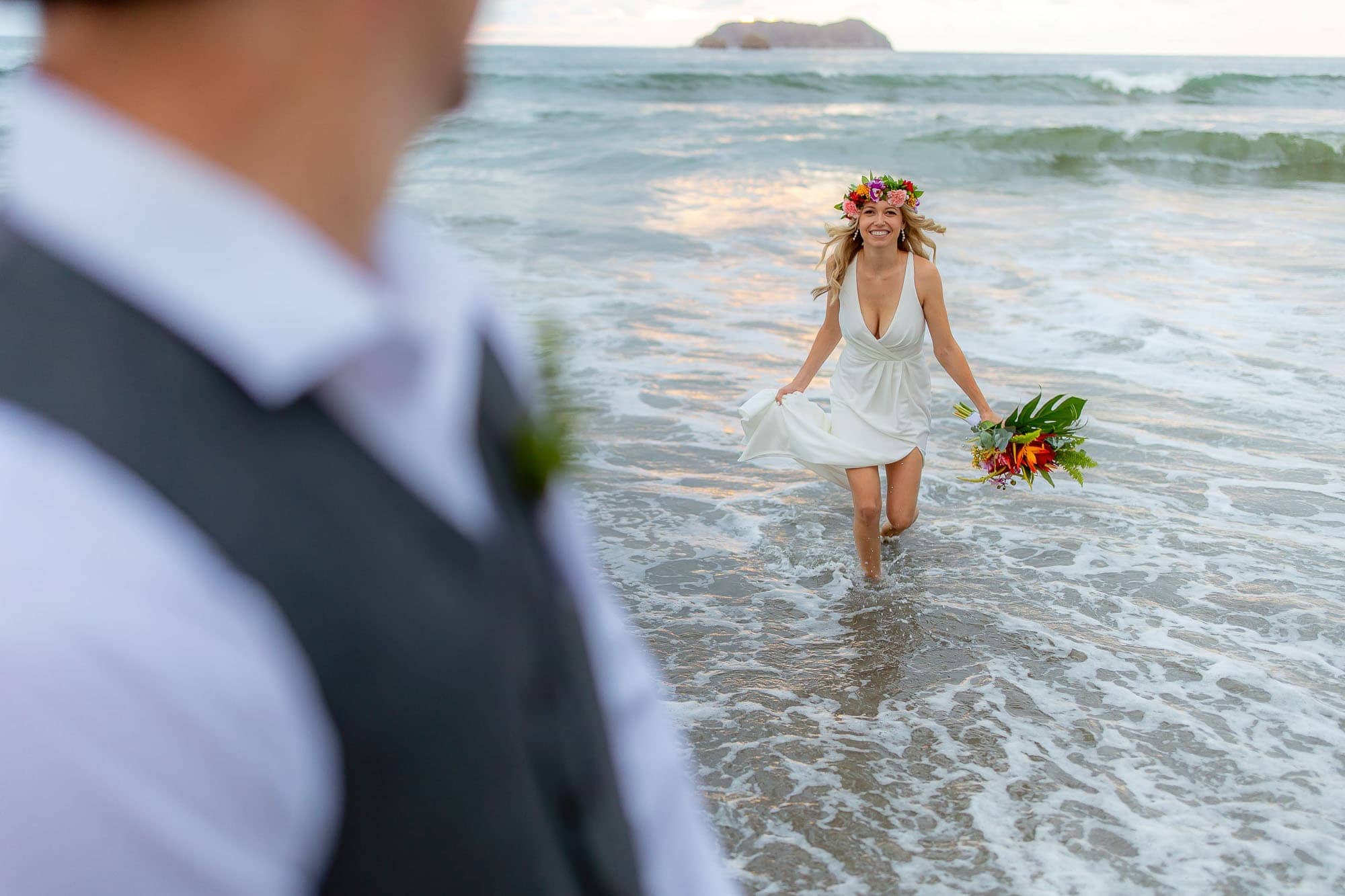 bride and groom on the beach after a simple wedding in Costa Rica