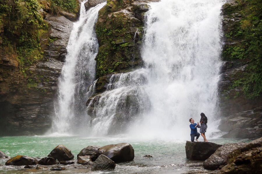 Proposing at waterfall in Costa Rica