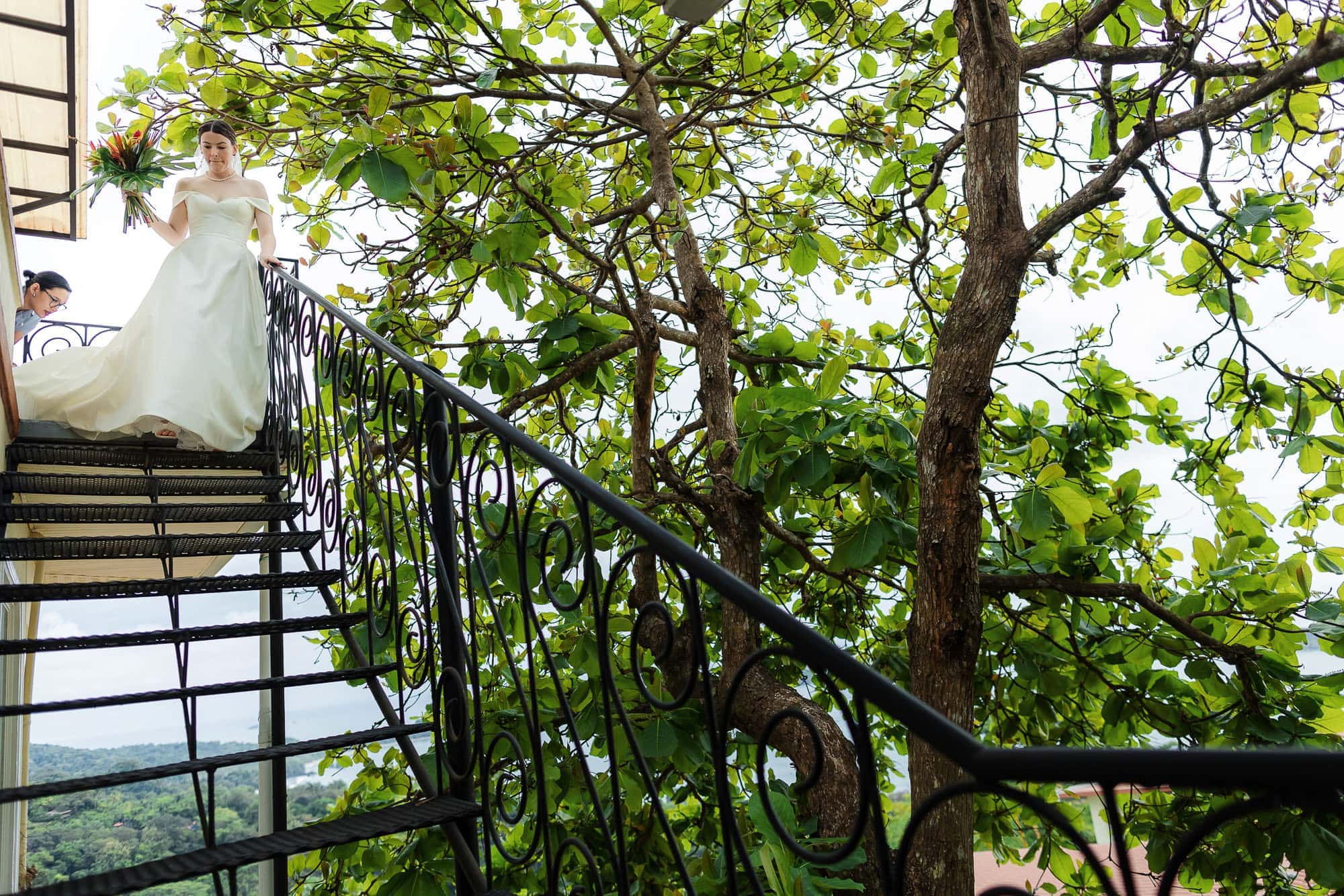 bride coming down a staircase in the jungle at la mariposa hotel