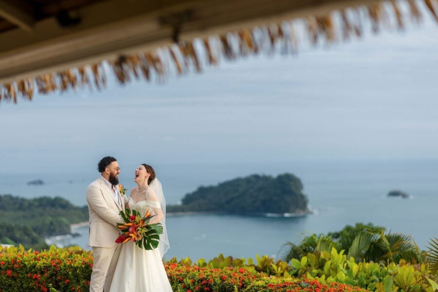 bride and groom with the view at la mariposa hotel