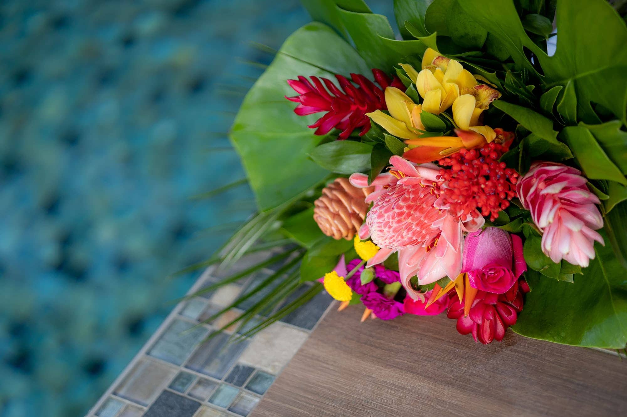 bouquet of flowers by the pool